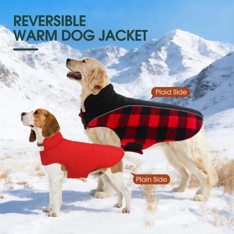 Kuoser Dog Winter Coat, Reversible Waterproof Dog Jacket with Reflective Strip, Warm Dogs Fleece Vest Adjustable Doggy Cold Weather Clothes Plaid Christmas Outfit Pet Apparel for Large Dogs, Red L - Image 3